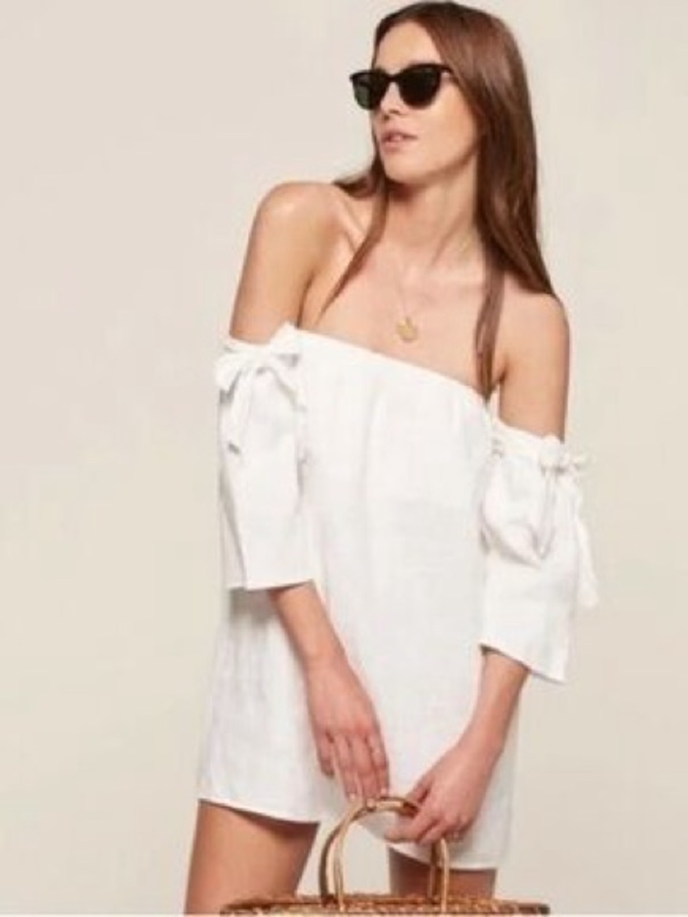 Reformation linen off shoulder mini cover up dress with bows